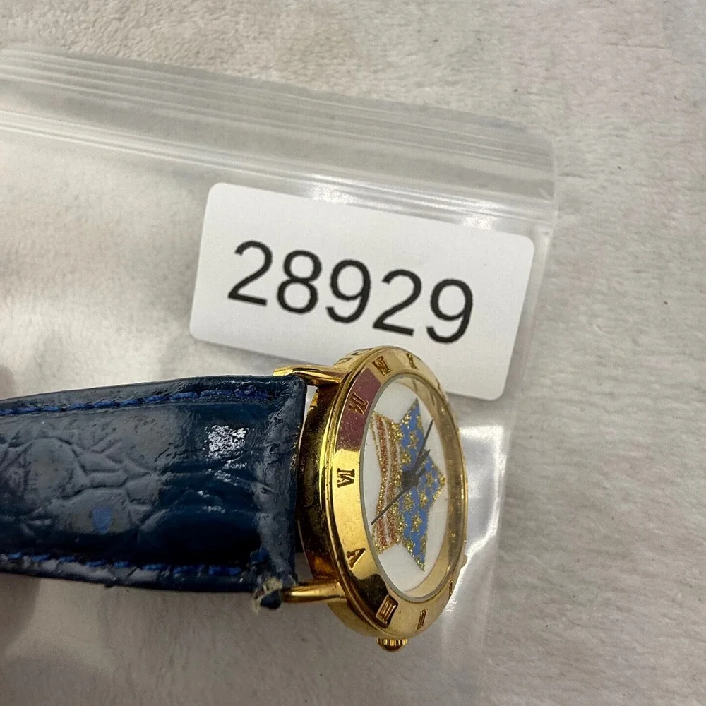 Vintage American Flag Watch Gold Tone Blue Leather Star  NEEDS BATTERY 8.75in